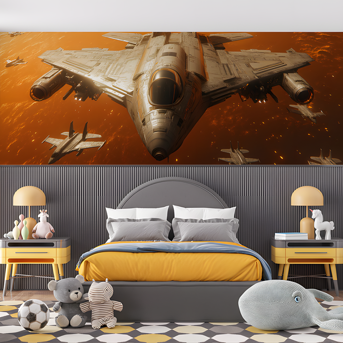 Sci-Fi Fighter Jets Mural Wallpaper in Bedroom | Various Colors (Orange, Brown, etc.) of Sci-Fi Fighter Jets