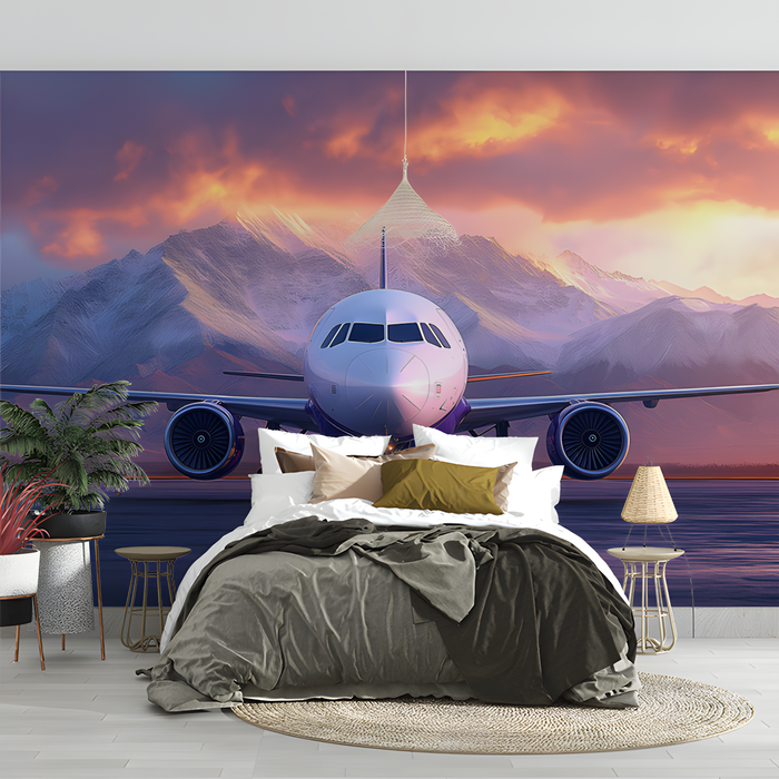 Airplane and Mountain Sunset Mural Wallpaper in Bedroom | Various Colors (Purple, Blue, etc.) of Airplane and Mountain Sunset