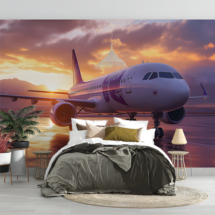 Airplane and Mountain Sunset Mural Wallpaper in Bedroom | Various Colors (Purple, Blue, etc.) of Airplane and Mountain Sunset