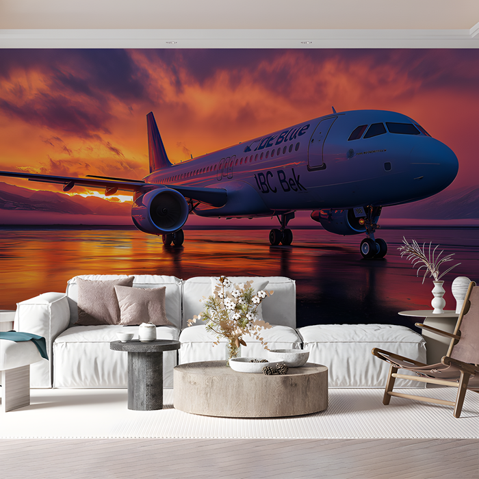 Airplane and Mountain Sunset Mural Wallpaper in Bedroom | Various Colors (Purple, Blue, etc.) of Airplane and Mountain Sunset
