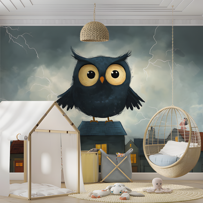 Cartoon Owl Mural Wallpaper in Nursery | Various Colors (Black, Yellow, etc.) of Owl