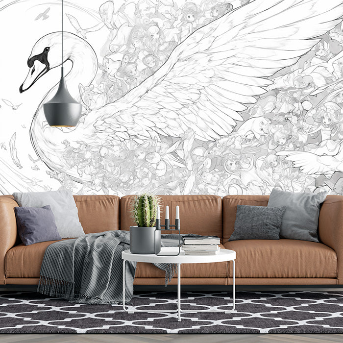 Carta da parati murale con elementi di cigno e fantasia | Cigno nero, bianco e grigio