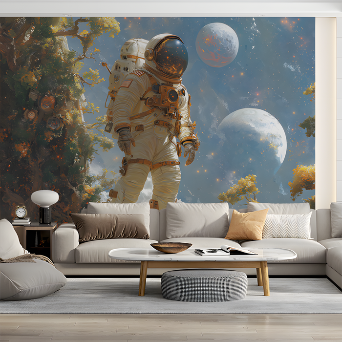 Astronaut and Planets Mural Wallpaper in Living Room | Various Colors (Blue, Yellow, etc.) of Astronaut and Planets