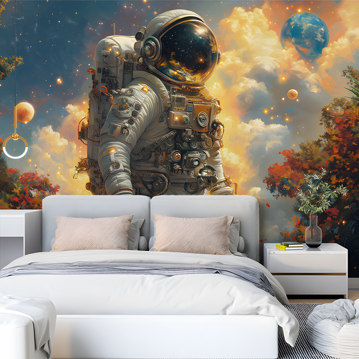 Astronaut and Planets Mural Wallpaper in Living Room | Various Colors (Blue, Yellow, etc.) of Astronaut and Planets