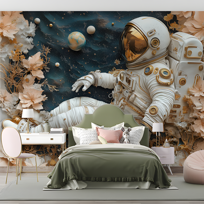Astronaut and Floral Mural Wallpaper in Bedroom | Various Colors (Beige, Gold, etc.) of Astronaut and Flowers