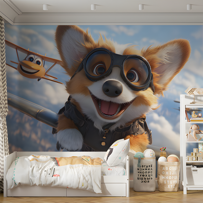 Corgi Pilot Mural Wallpaper in Bedroom | Various Colors (Brown, Blue, etc.) of Corgi Pilot