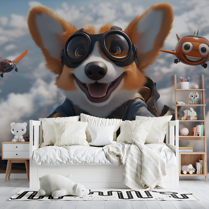 Corgi Pilot Mural Wallpaper in Bedroom | Various Colors (Brown, Blue, etc.) of Corgi Pilot