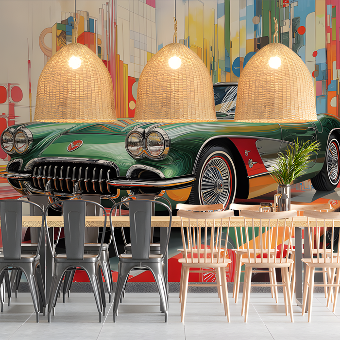 Green Classic Car Mural Wallpaper in Cafe | Various Colors (Green, Red, etc.) of Green Classic Car
