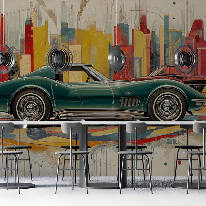 Green Classic Car Mural Wallpaper in Cafe | Various Colors (Green, Red, etc.) of Green Classic Car