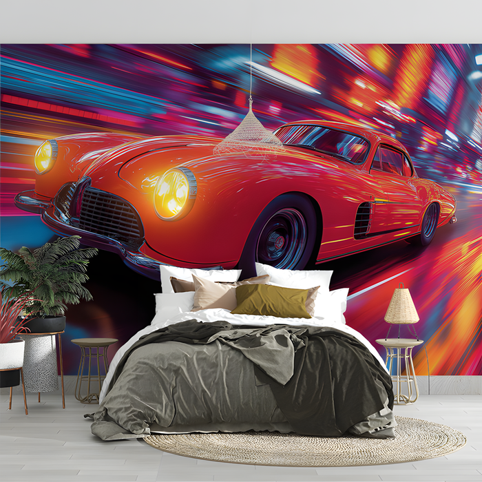 Classic Car in Motion Mural Wallpaper in Bedroom | Various Colors (Red, Blue, etc.) of Classic Car