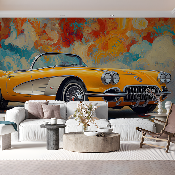 Yellow Classic Car Mural Wallpaper in Cafe | Various Colors (Yellow, Orange, etc.) of Yellow Classic Car