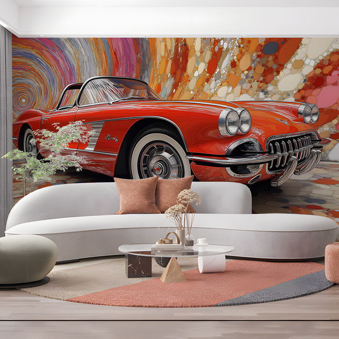 Red Classic Car Mural Wallpaper in Cafe | Various Colors (Red, Orange, etc.)