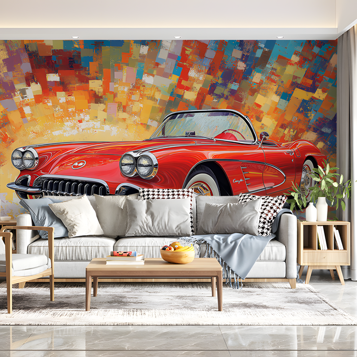 Red Classic Car Mural Wallpaper in Cafe | Various Colors (Red, Orange, etc.)