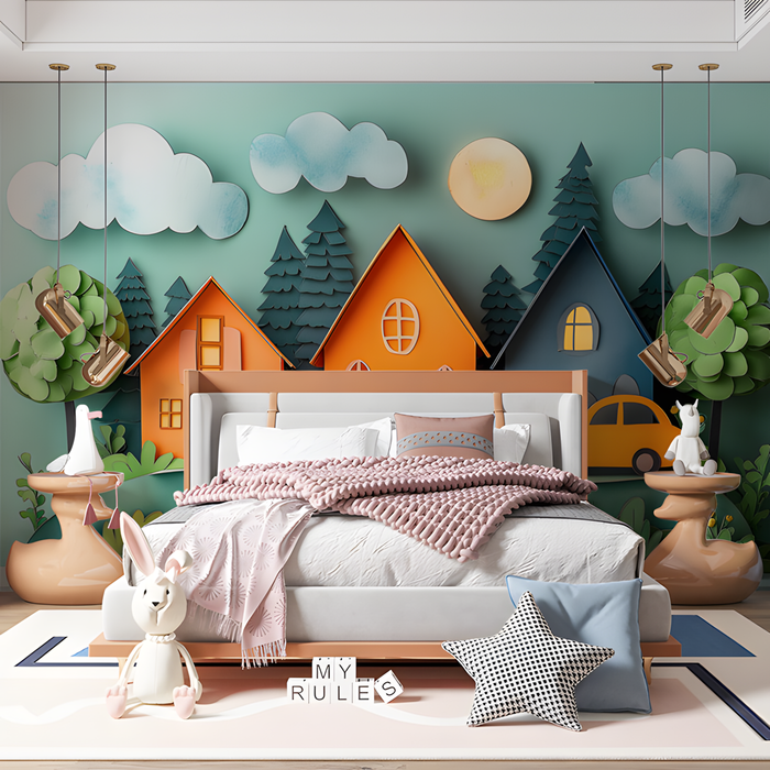 Colorful Houses Mural Wallpaper in Children¡¯s Room | Various Colors (Yellow, Orange, etc.) of Colorful Houses