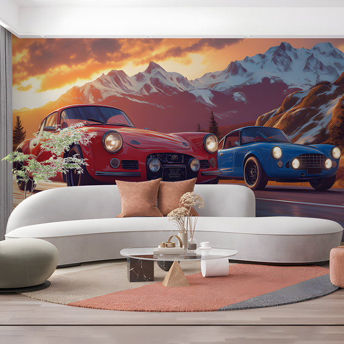 Classic Cars and Mountain Sunset Mural Wallpaper in Bedroom | Various Colors (Red, Blue, etc.) of Classic Cars and Mountain Sunset