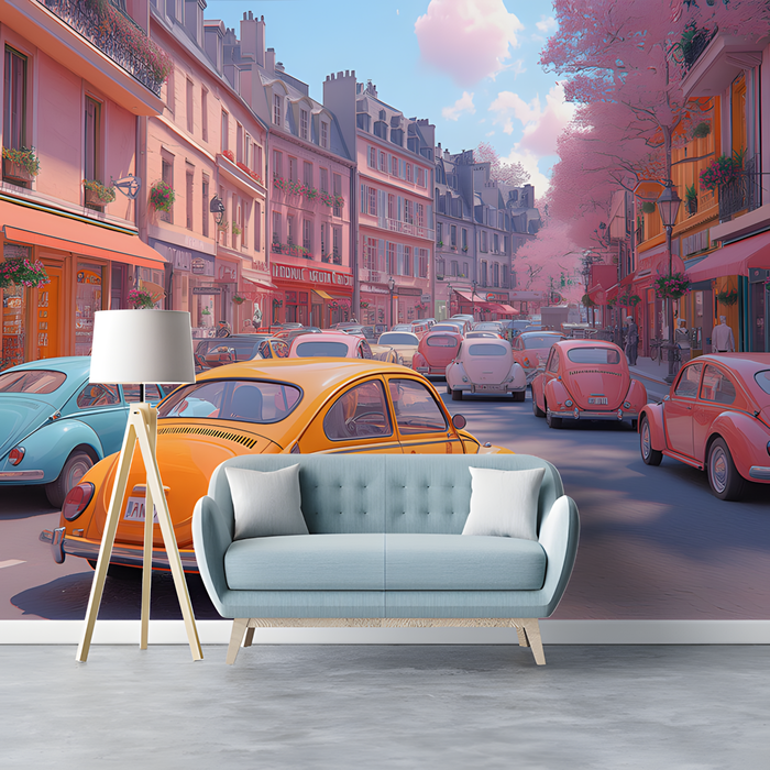 Parisian Street with Beetle Cars Mural Wallpaper in Living Room | Various Colors (Pink, Orange, etc.) of Parisian Street with Beetle Cars