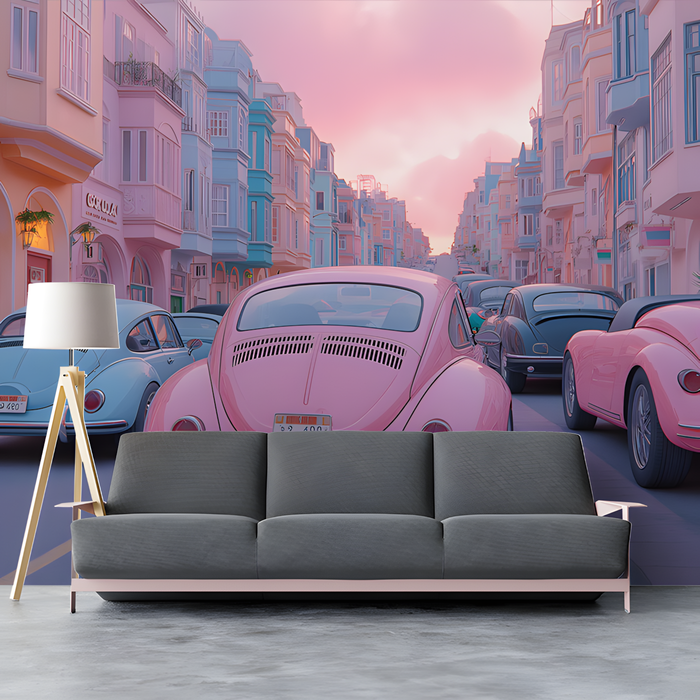 Parisian Street with Beetle Cars Mural Wallpaper in Living Room | Various Colors (Pink, Orange, etc.) of Parisian Street with Beetle Cars