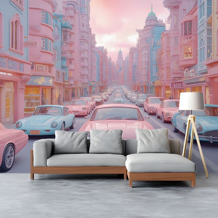 Parisian Street with Beetle Cars Mural Wallpaper in Living Room | Various Colors (Pink, Orange, etc.) of Parisian Street with Beetle Cars