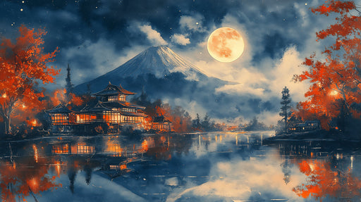 Mount Fuji at Night Mural Wallpaper in Living Room | Various Colors (Blue, Orange, etc.) of Mount Fuji