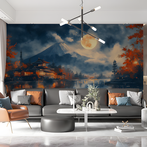 Mount Fuji at Night Mural Wallpaper in Living Room | Various Colors (Blue, Orange, etc.) of Mount Fuji