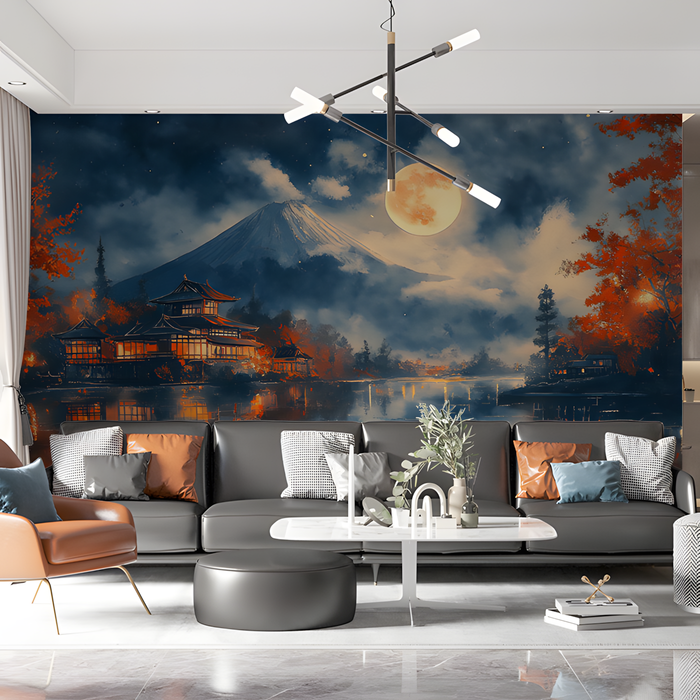 Mount Fuji at Night Mural Wallpaper in Living Room | Various Colors (Blue, Orange, etc.) of Mount Fuji