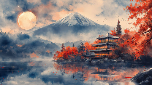 Mount Fuji at Night Mural Wallpaper in Living Room | Various Colors (Blue, Orange, etc.) of Mount Fuji
