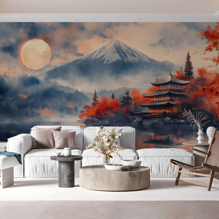 Mount Fuji at Night Mural Wallpaper in Living Room | Various Colors (Blue, Orange, etc.) of Mount Fuji