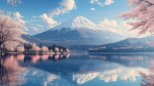 Mount Fuji and Cherry Blossoms Mural Wallpaper in Living Room | Various Colors (Blue, Pink, etc.) of Mount Fuji and Cherry