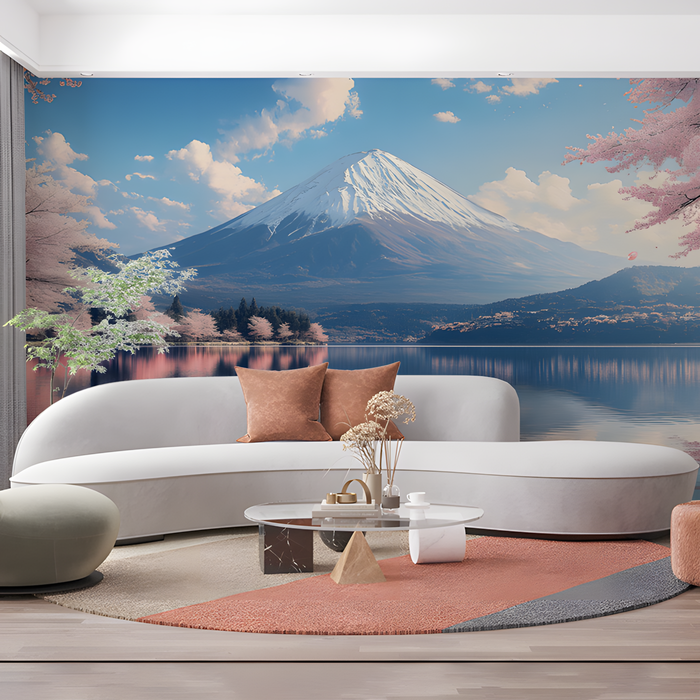 Mount Fuji and Cherry Blossoms Mural Wallpaper in Living Room | Various Colors (Blue, Pink, etc.) of Mount Fuji and Cherry