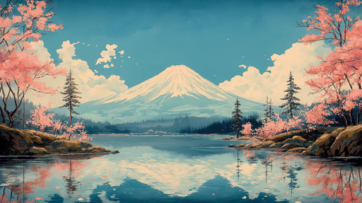 Mount Fuji and Cherry Blossoms Mural Wallpaper in Living Room | Various Colors (Blue, Pink, etc.) of Mount Fuji and Cherry