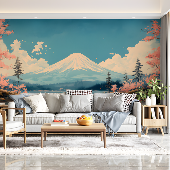 Mount Fuji and Cherry Blossoms Mural Wallpaper in Living Room | Various Colors (Blue, Pink, etc.) of Mount Fuji and Cherry