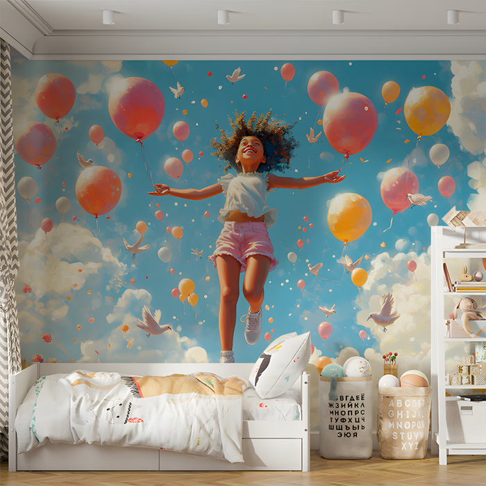 Girl with Balloons Mural Wallpaper in Bedroom | Various Colors (Blue, Pink, etc.) of Girl