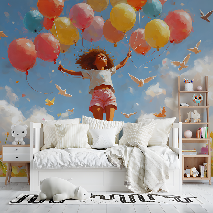 Girl with Balloons Mural Wallpaper in Bedroom | Various Colors (Blue, Pink, etc.) of Girl