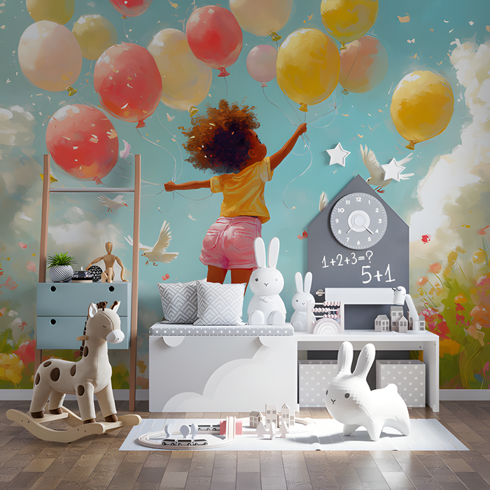 Girl with Balloons Mural Wallpaper in Bedroom | Various Colors (Blue, Pink, etc.) of Girl