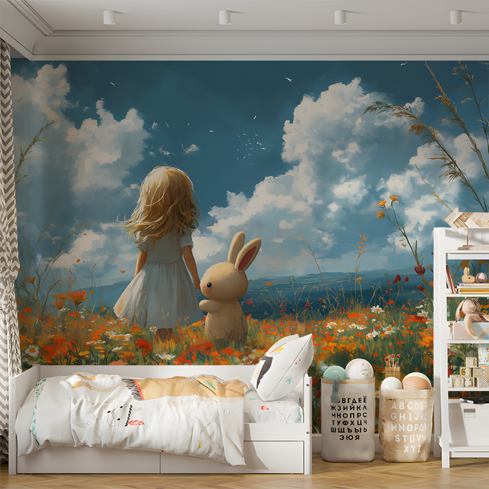 Girl and Rabbit in Field Mural Wallpaper in Bedroom | Various Colors (Blue, Orange, etc.) of Girl and Rabbit