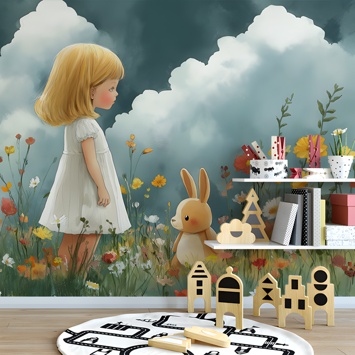 Girl and Rabbit in Field Mural Wallpaper in Bedroom | Various Colors (Blue, Orange, etc.) of Girl and Rabbit