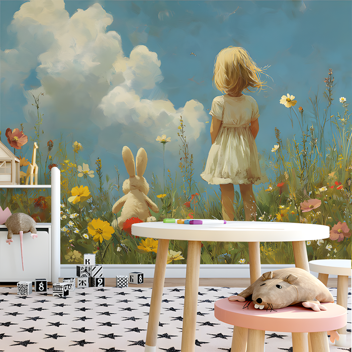 Girl and Rabbit in Field Mural Wallpaper in Bedroom | Various Colors (Blue, Orange, etc.) of Girl and Rabbit