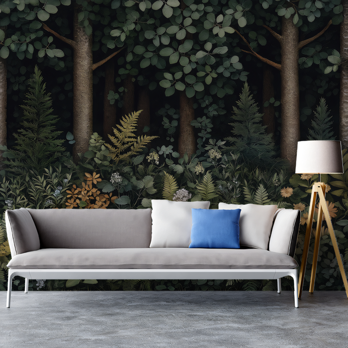 Dark Forest Mural Wallpaper in Living Room | Various Colors (Green, Brown, etc.) of Dark Forest