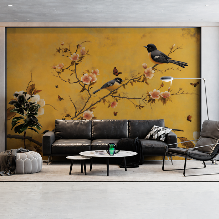 Yellow Floral and Bird Mural Wallpaper in Living Room | Various Colors (Yellow, Pink, etc.) of Flowers and Birds