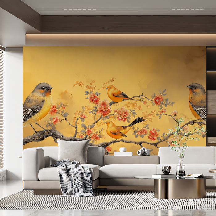 Yellow Floral and Bird Mural Wallpaper in Living Room | Various Colors (Yellow, Pink, etc.) of Flowers and Birds