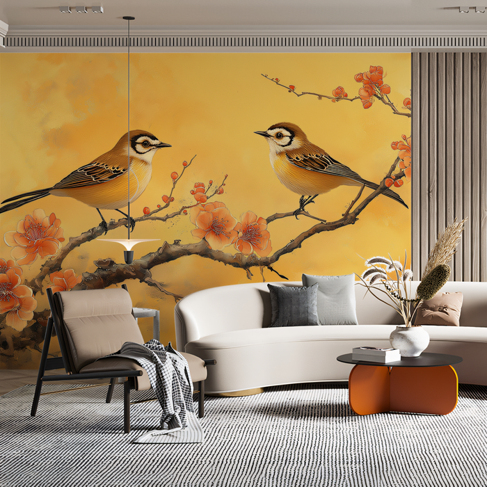 Yellow Floral and Bird Mural Wallpaper in Living Room | Various Colors (Yellow, Pink, etc.) of Flowers and Birds