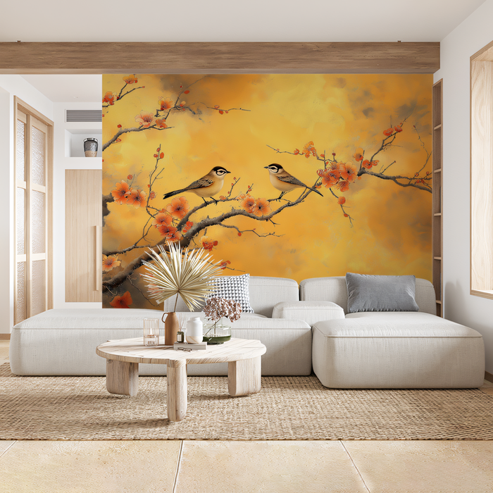Yellow Floral and Bird Mural Wallpaper in Living Room | Various Colors (Yellow, Pink, etc.) of Flowers and Birds