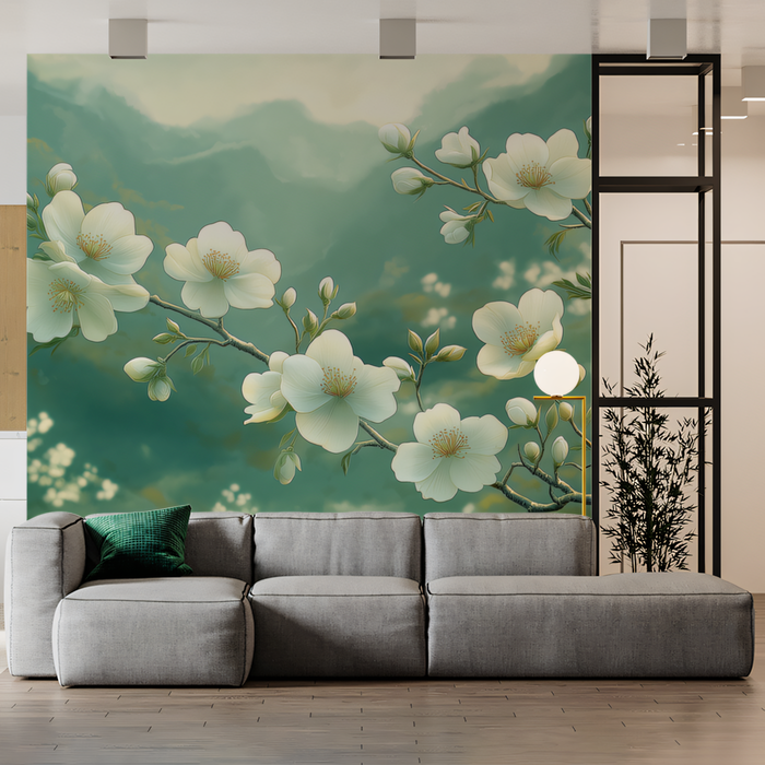 Green Floral Mural Wallpaper in Living Room | Various Colors (Green, White, etc.) of Flowers on the mountains