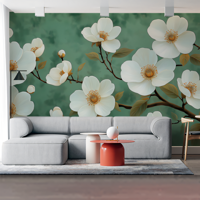 Green Floral Mural Wallpaper in Living Room | Various Colors (Green, White, etc.) of Flowers