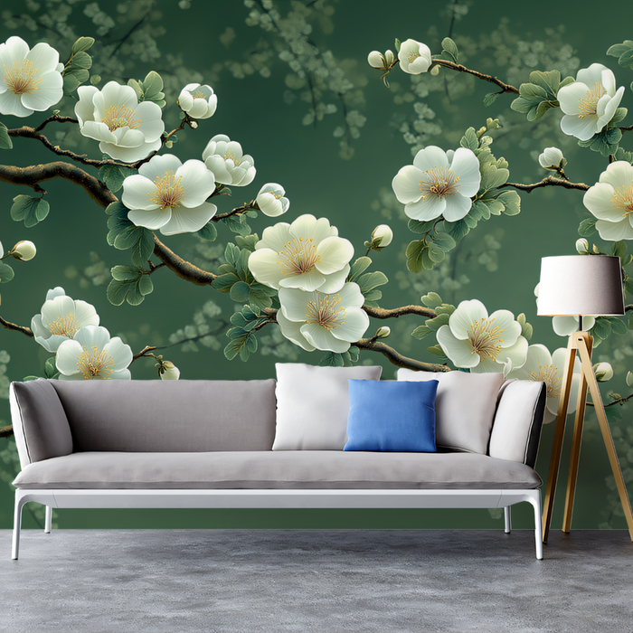 Green Floral Mural Wallpaper in Living Room | Various Colors (Green, White, etc.) of Flowers