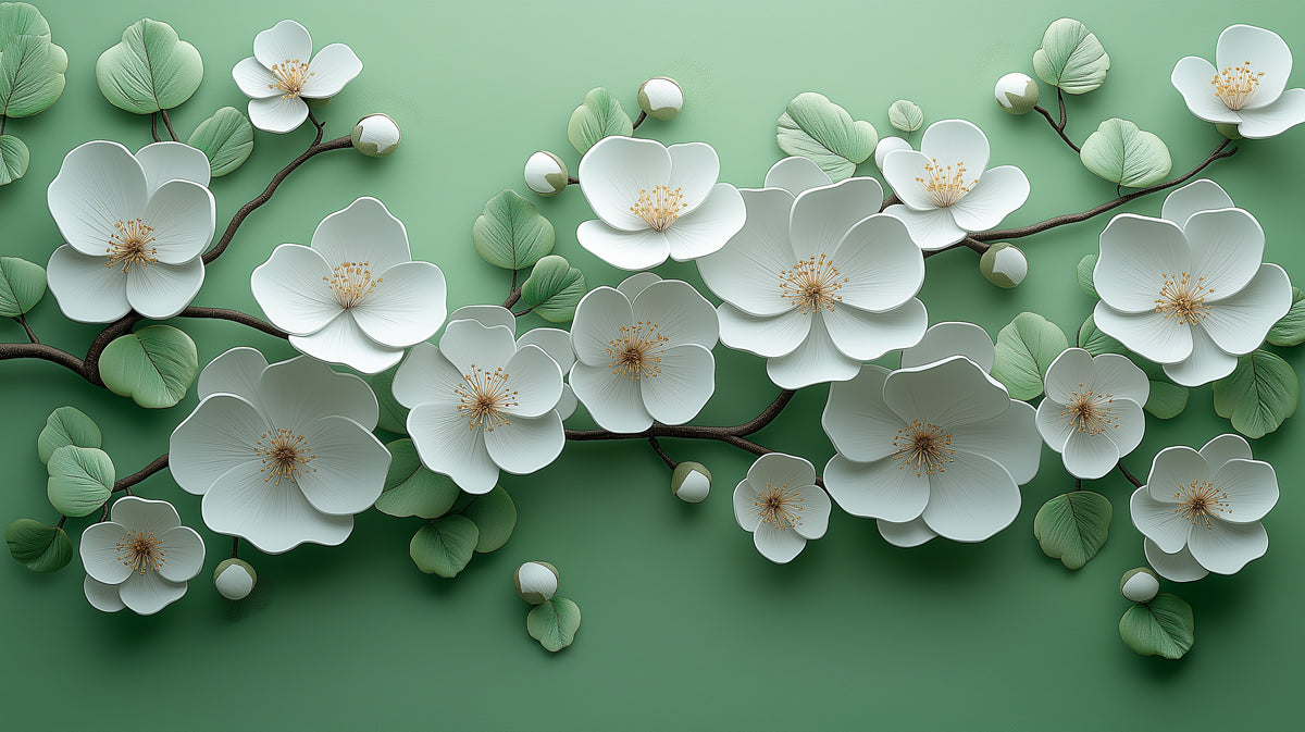 Green Floral Mural Wallpaper in Living Room | Various Colors (Green, White, etc.) of Flowers