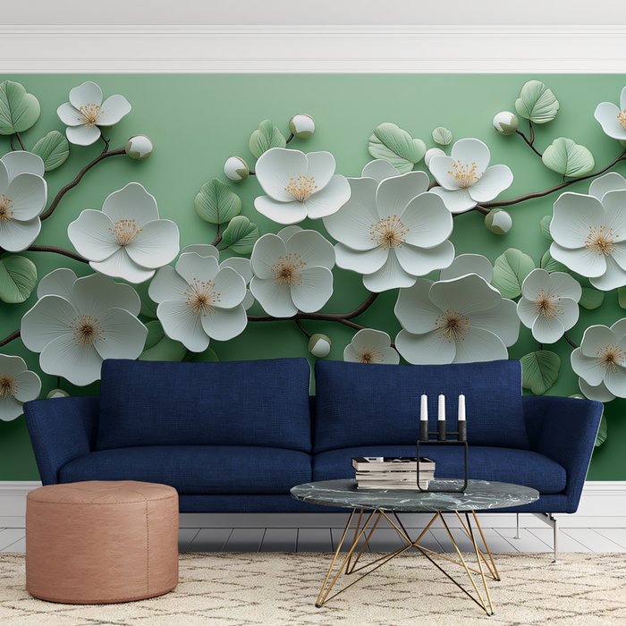 Green Floral Mural Wallpaper in Living Room | Various Colors (Green, White, etc.) of Flowers