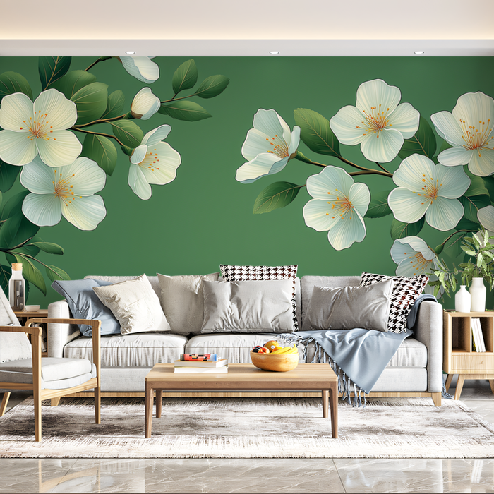 Green Floral Mural Wallpaper in Living Room | Various Colors (Green, White, etc.) of Flowers