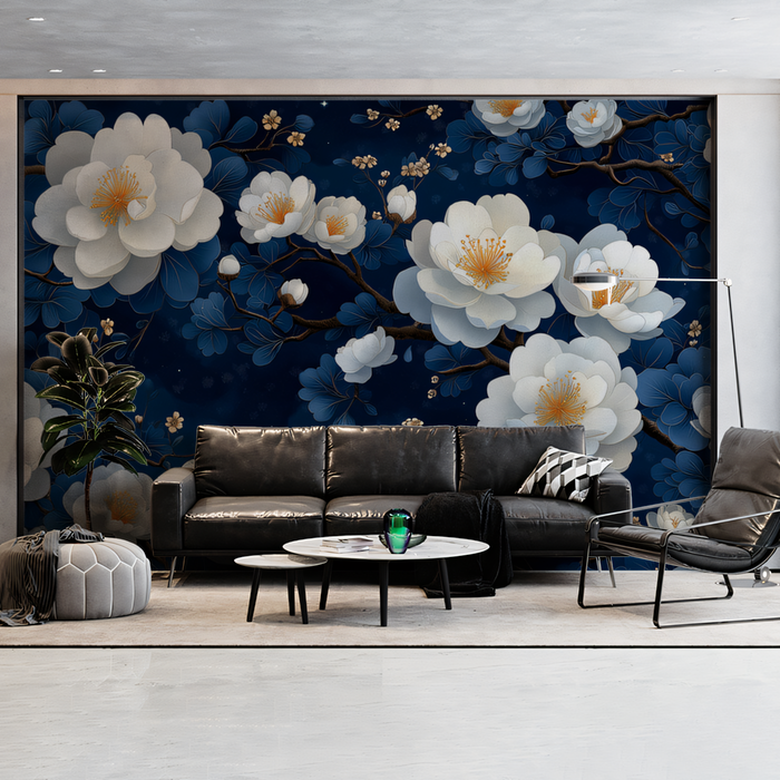 Blue Floral Mural Wallpaper in Living Room | Various Colors (Blue, White, etc.) of White Flowers