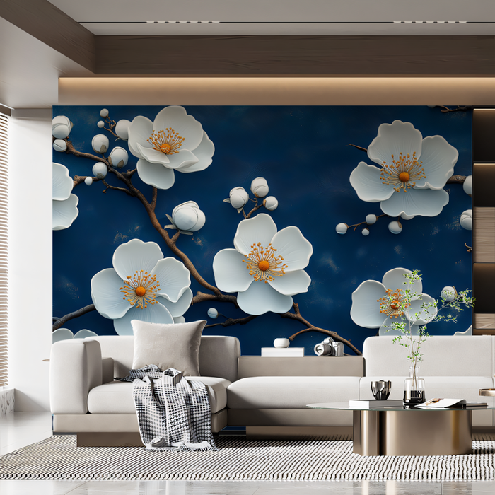 Blue Floral Mural Wallpaper in Living Room | Various Colors (Blue, White, etc.) of White Flowers
